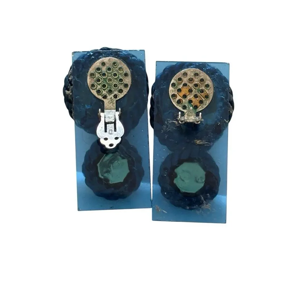80s Lucite Statement Clip On Earrings Military Knot Lucite Gold Button